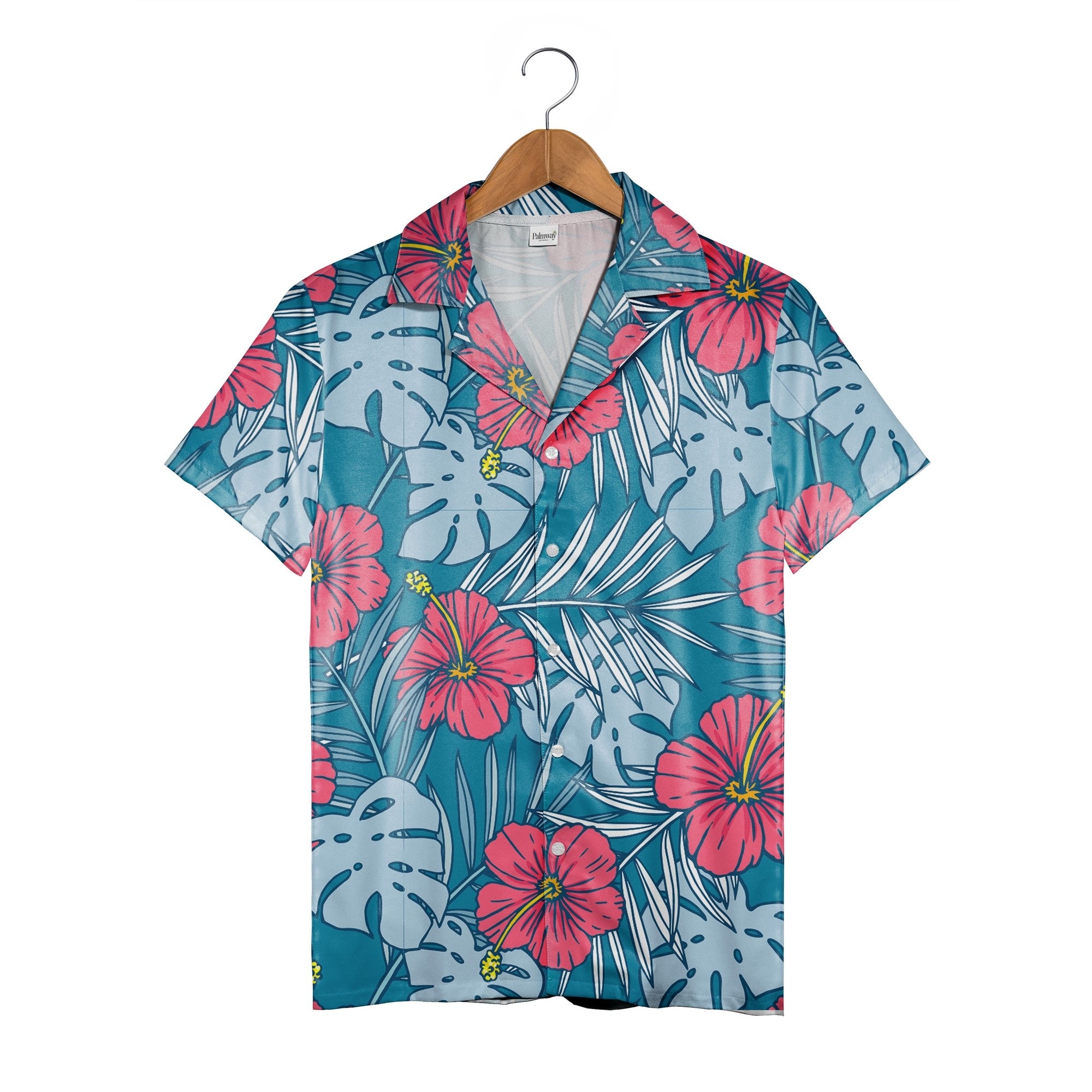 Dark Teal Hawaiian Shirt with Vibrant Coral Hibiscus and Yellow Accents