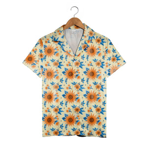 Decorative Orange Sunflower Hawaiian Shirt with Blue Leaves on Yellow
