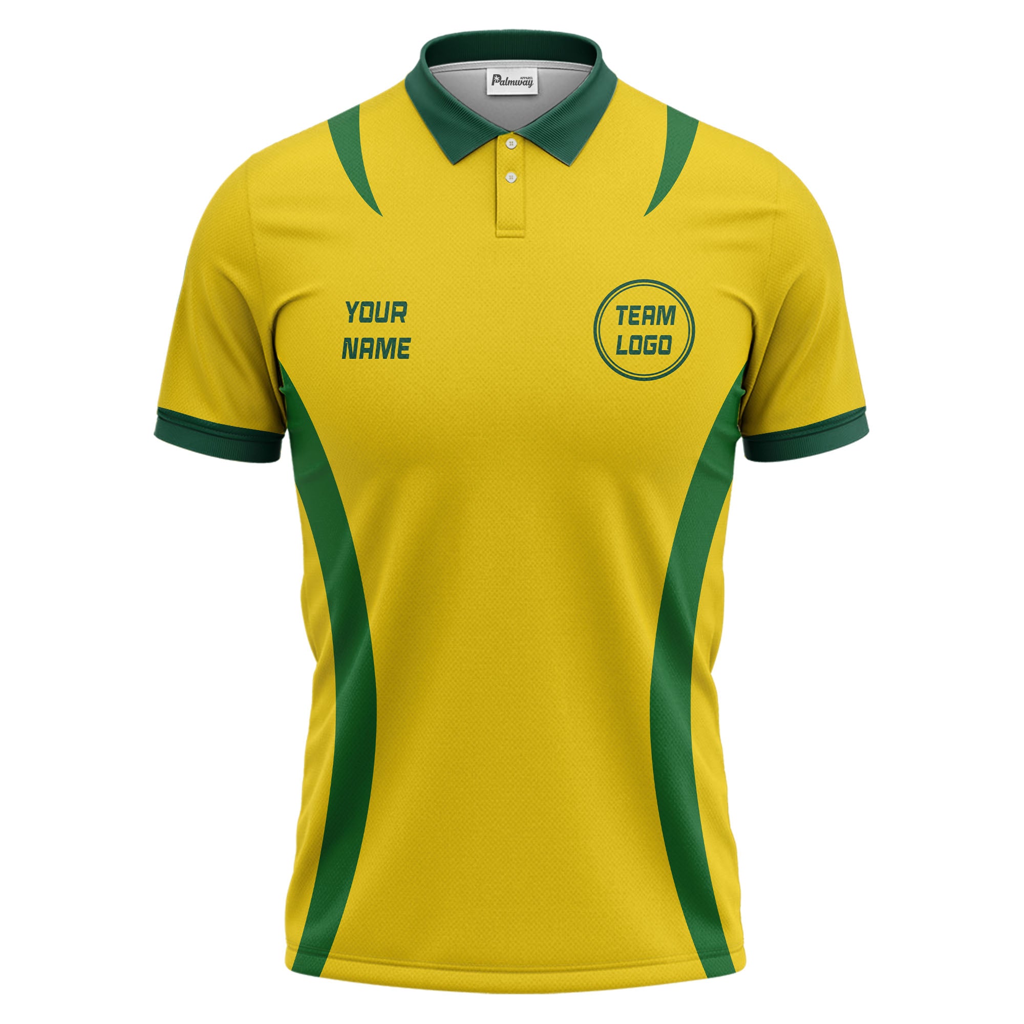 diagonal stripe yellow green team name polo shirt