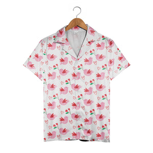 Doodle Art Hearts Hawaiian Shirt in Baby Blue with Coral and Pink Accents