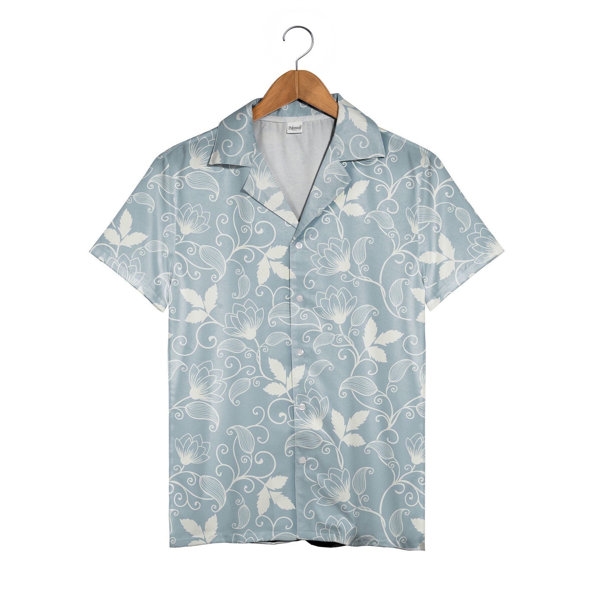 Dusty Blue Floral Scrollwork Hawaiian Shirt with Elegant Vine Pattern