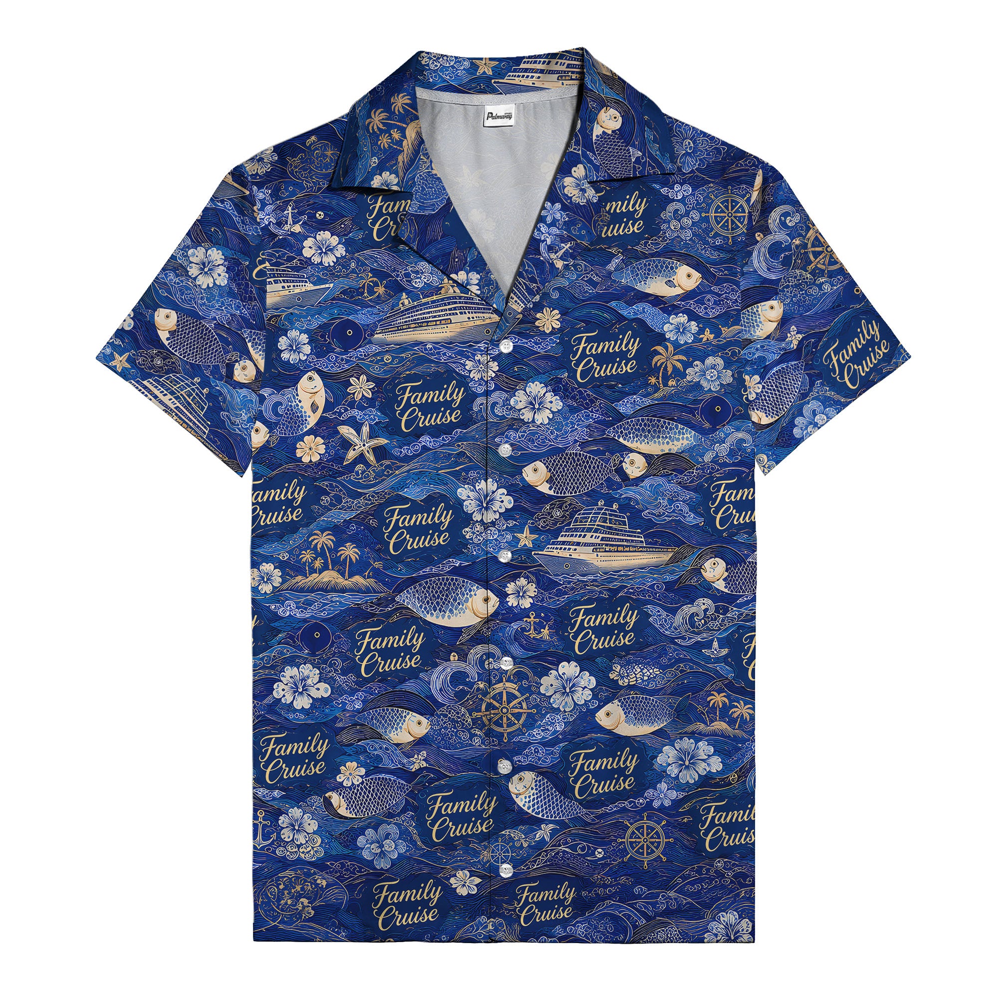 family cruise ships & leaping fish ocean waves hawaiian shirt