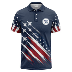 fighter jets & stars diagonal american flag patriotic navy blue polo shirt