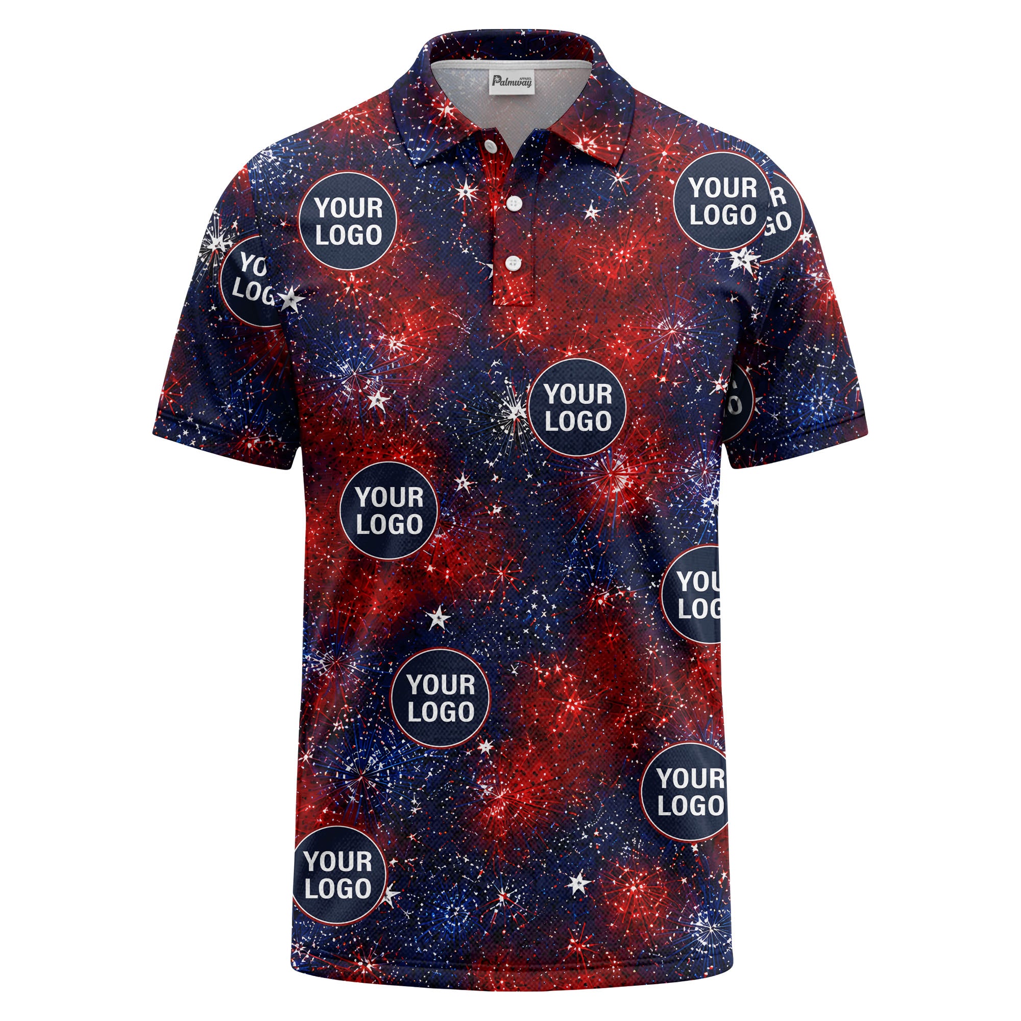 fireworks burst patriotic custom logo navy coral white polo shirt
