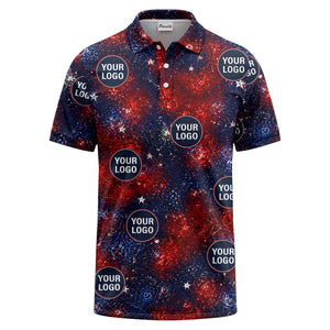 fireworks burst patriotic custom logo navy coral white polo shirt