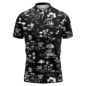flamingo oasis palm trees sketch pattern black white polo shirt for men
