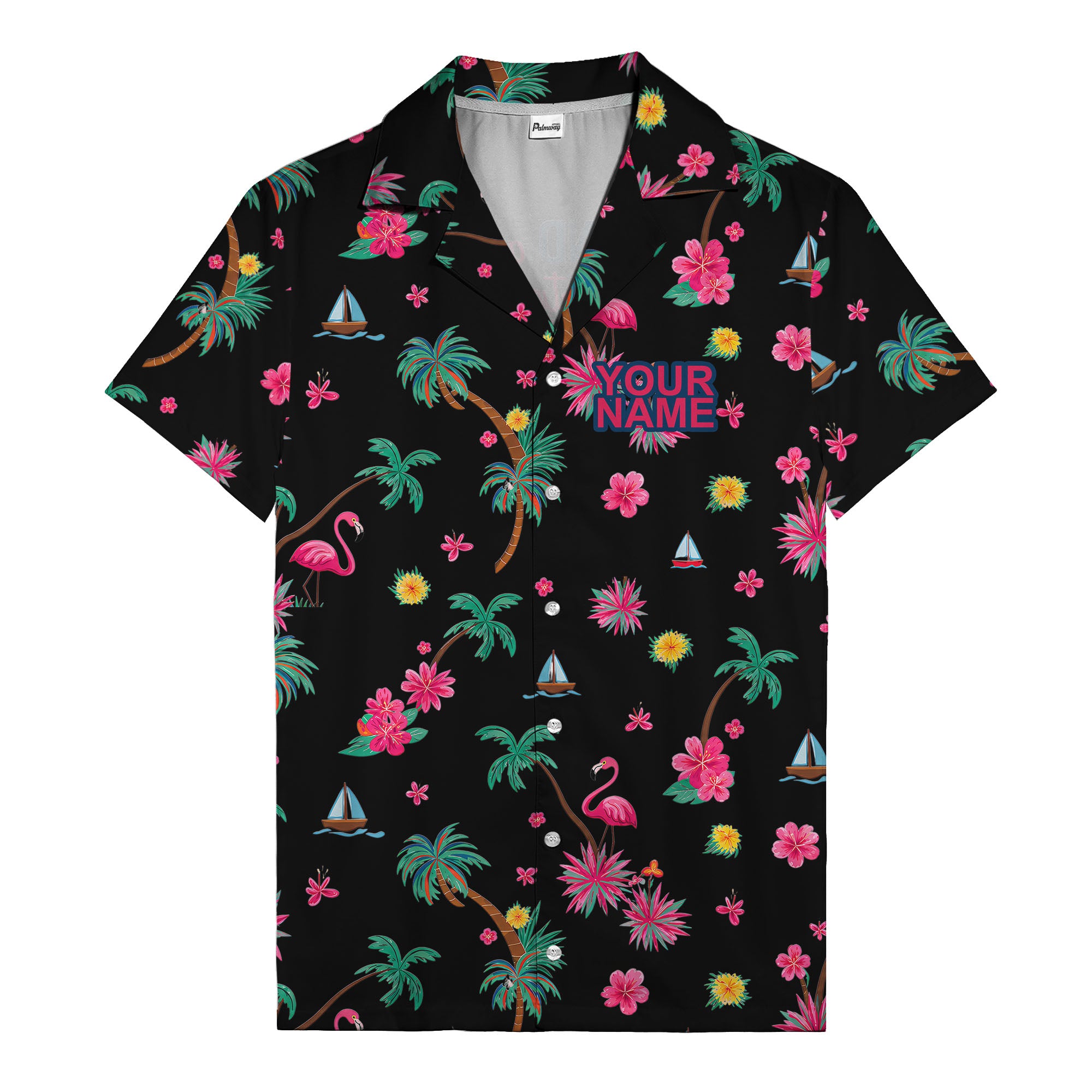 flamingo sailboat hibiscus palm watercolor hawaiian shirt