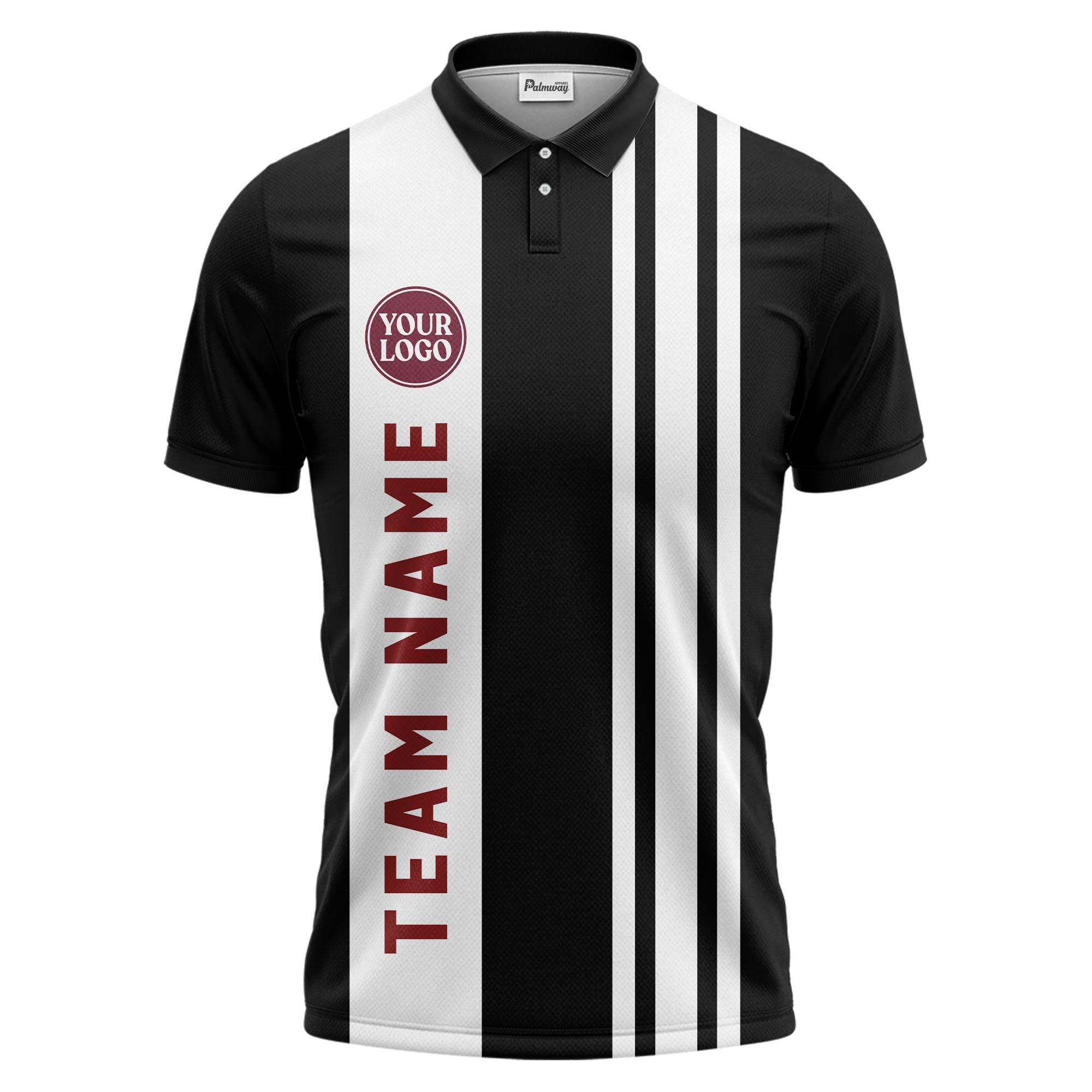 Geometric Maroon Black White Striped Team Polo Shirt With Custom Text Panel