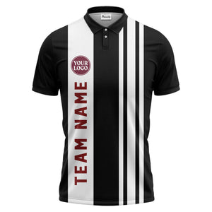 Geometric Maroon Black White Striped Team Polo Shirt With Custom Text Panel
