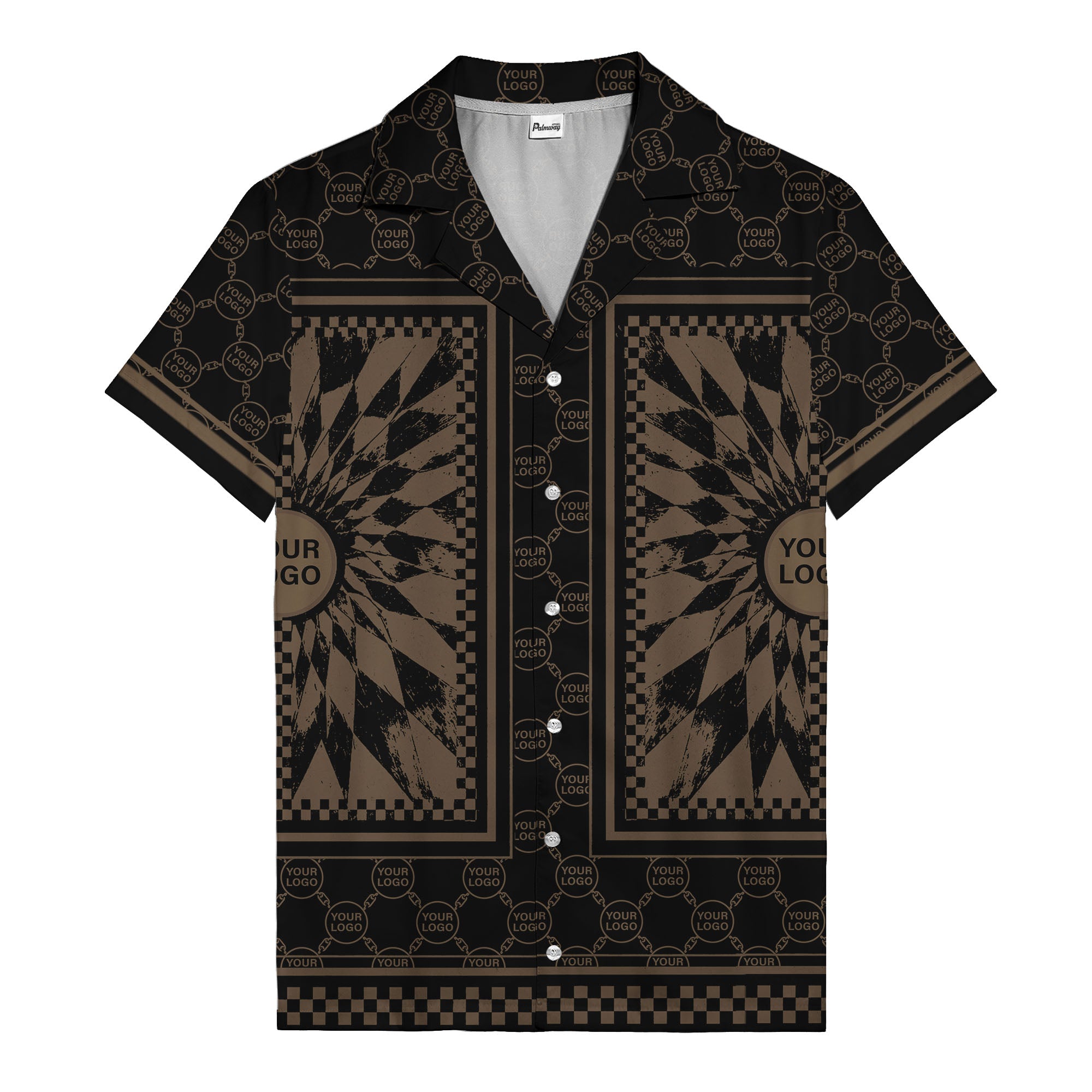 geometric palm leaves checkerboard border hawaiian shirt for men