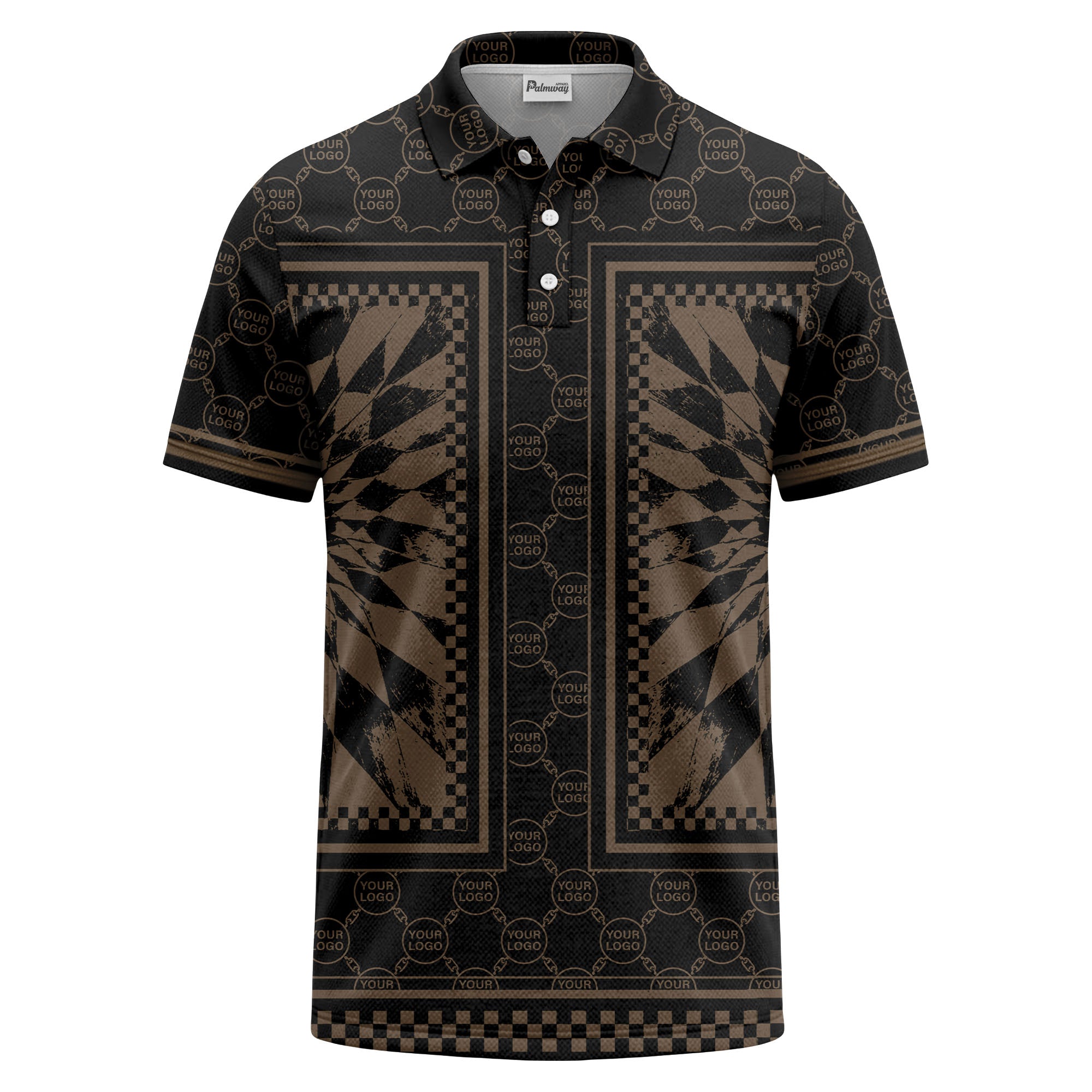 geometric palm leaves checkerboard border polo shirt