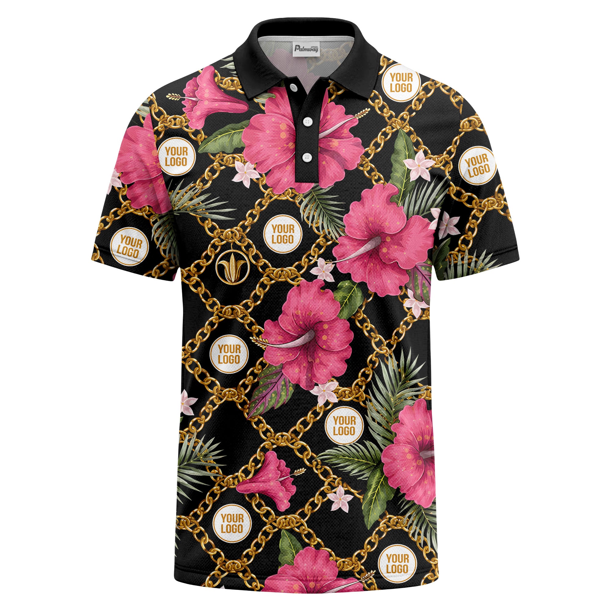 gold chain & pink hibiscus luxury illustrated polo shirt for men