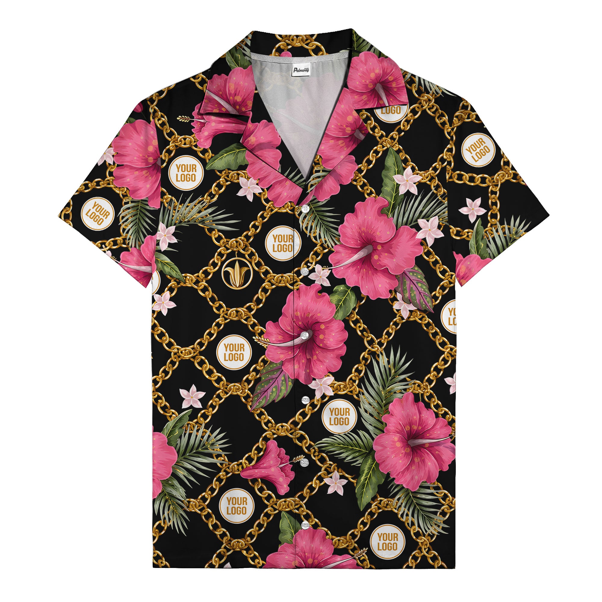 gold chain & pink hibiscus watercolor hawaiian shirt for men