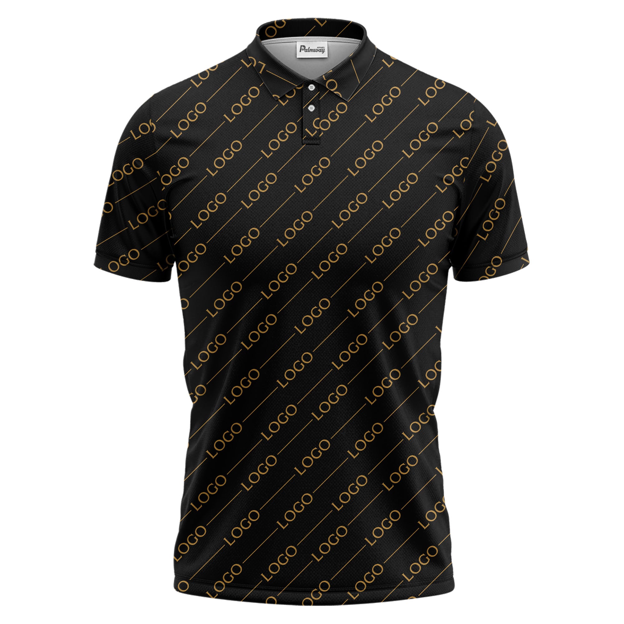 gold custom logo repeat pattern on black luxury minimalist polo shirt