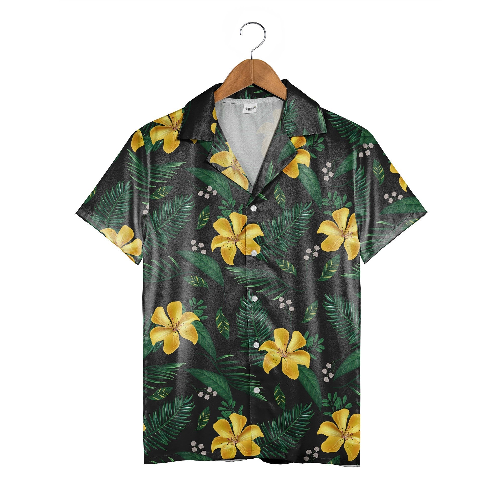 Golden Lily Bloom Hawaiian Shirt on Deep Black Background