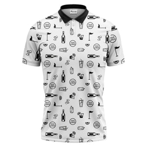 golf cocktail party repeating illustrated polo shirt with clubs flags and martini glasses