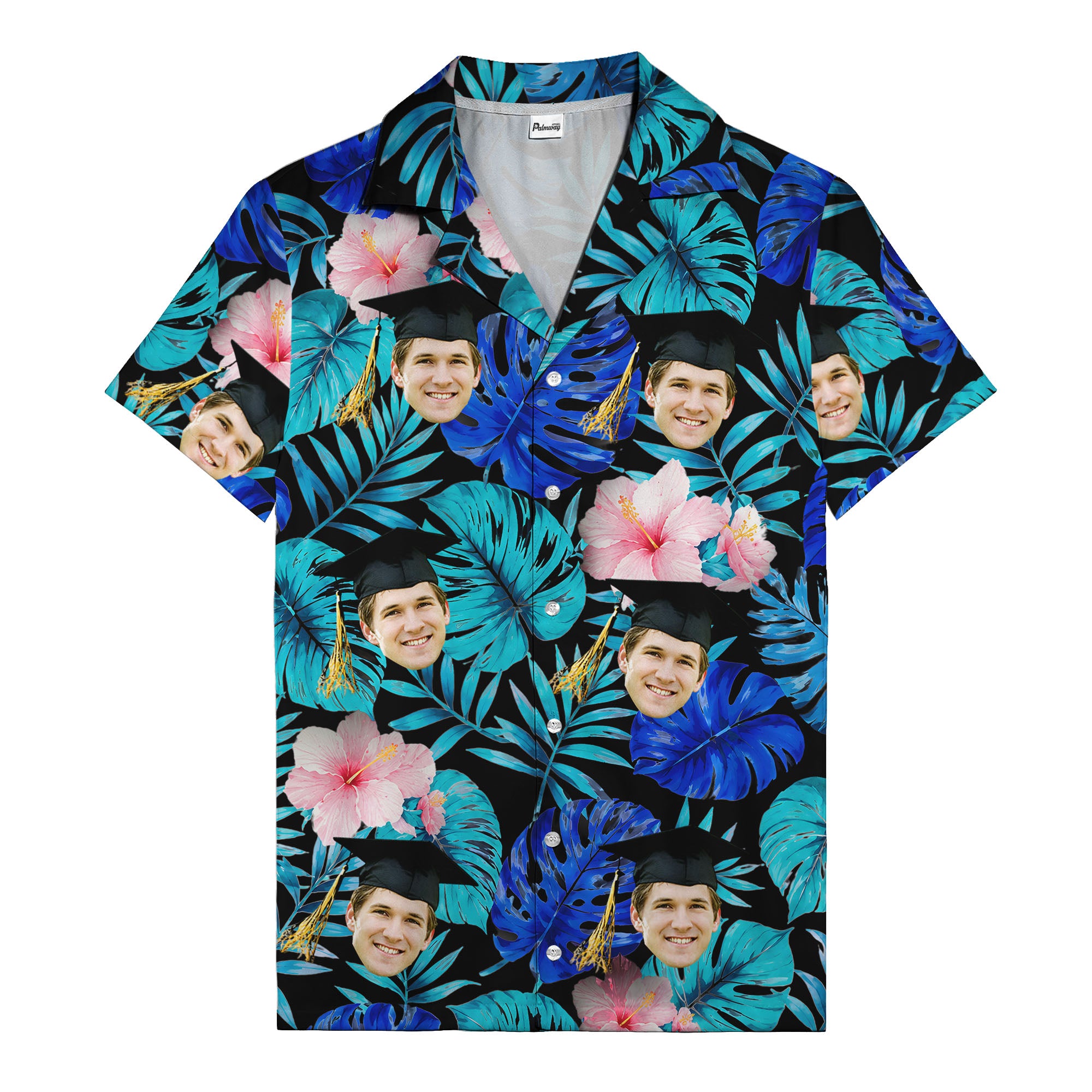 graduation caps tossed over hibiscus blooms on monstera hawaiian shirt
