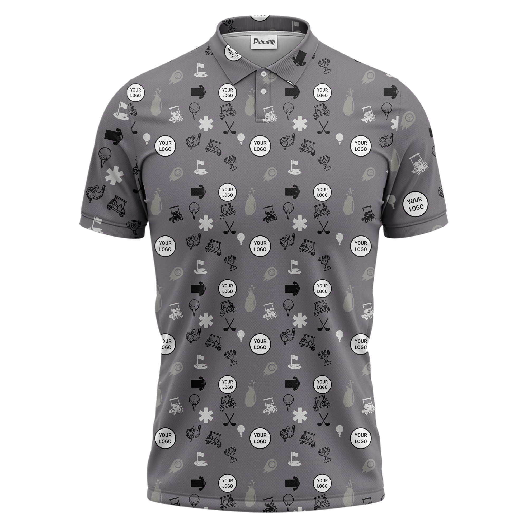 Gray Golf Course Sketch Polo Shirt With Repeating Balls Clubs Carts Trophies