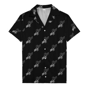 hand-drawn calligraphic script logo repeat black white hawaiian shirt for men