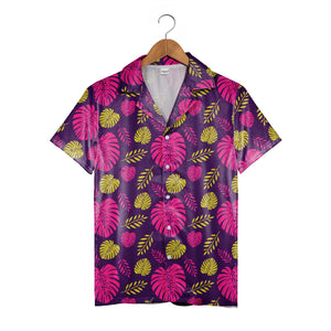 Hello Summer Hawaiian Shirt with Monstera Palm and Fern in Hot Pink Green