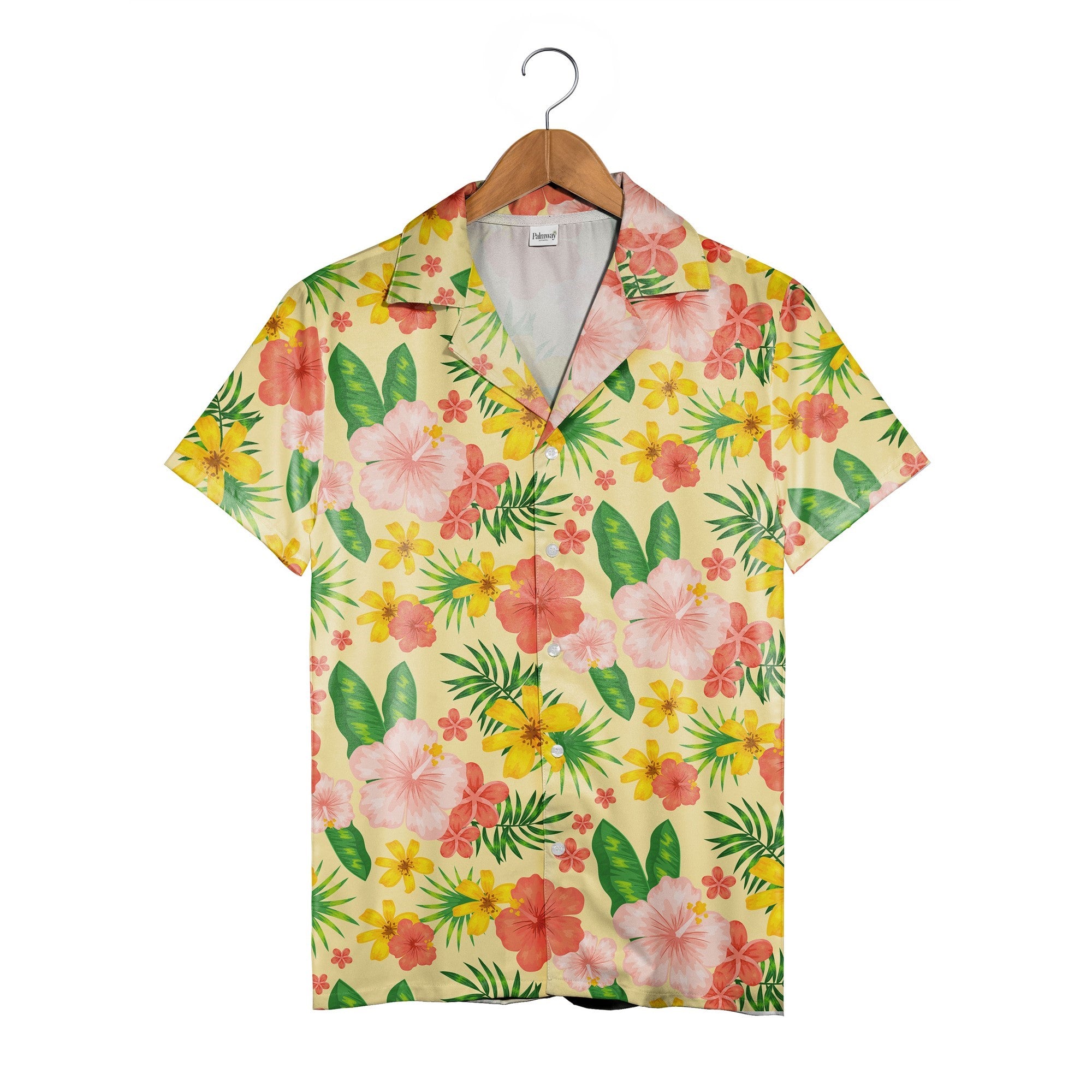 Hibiscus Garden Golden Hawaiian Shirt with Coral Blooms and Palm Fronds