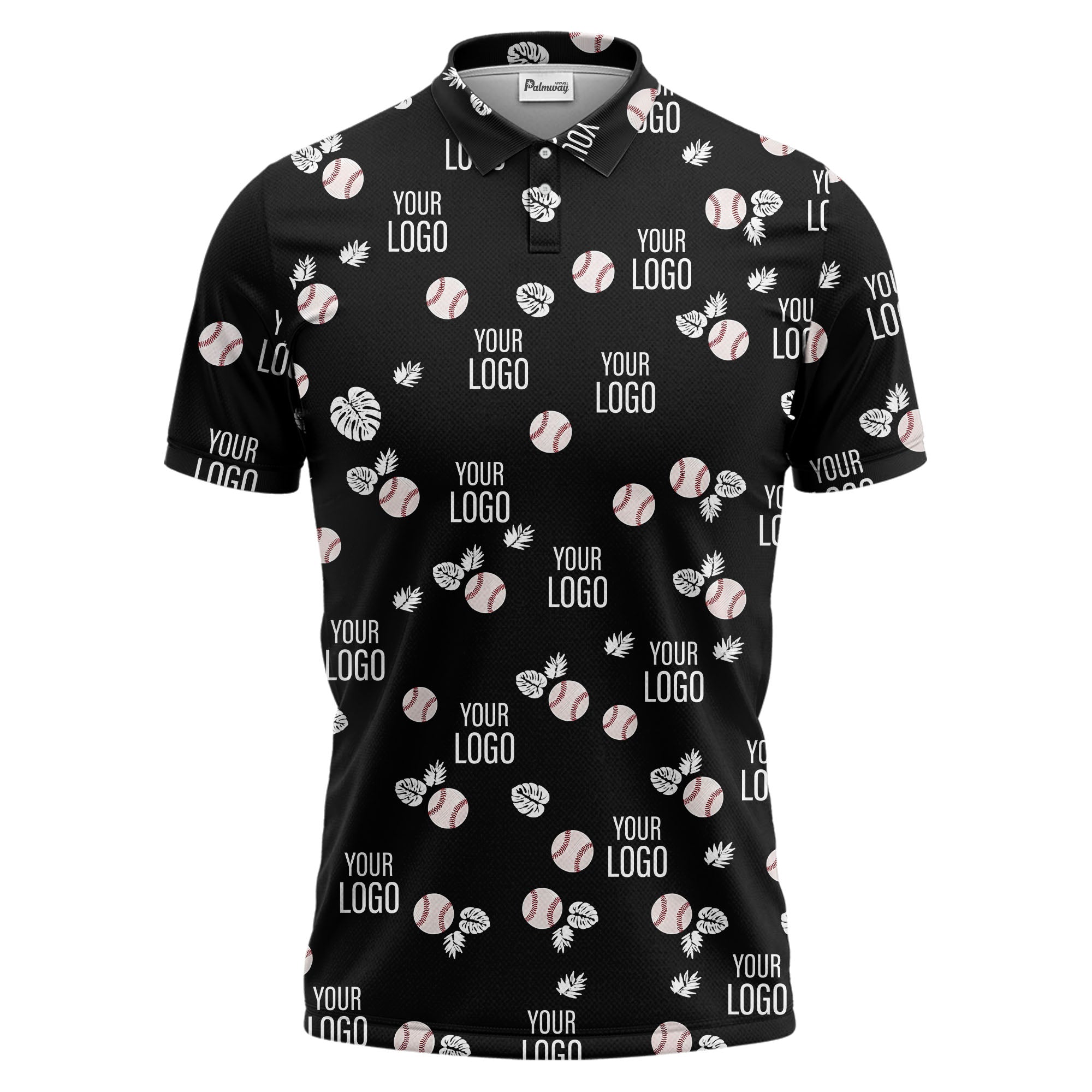 Illustrated Baseball & Tropical Leaves Repeating Polo Shirt For Weekend Games