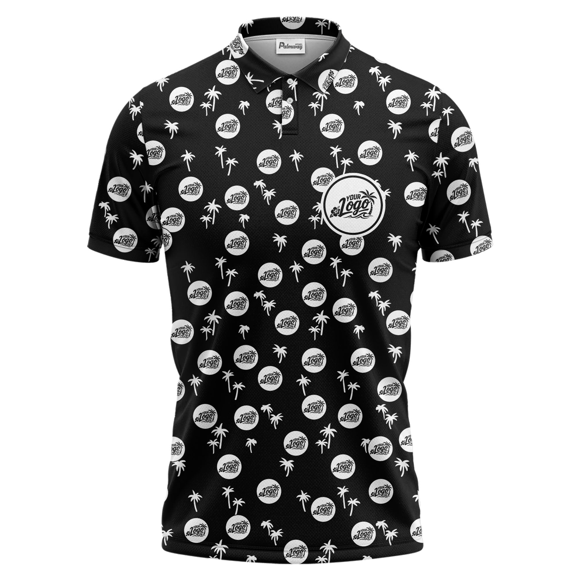 illustrated black tropical palm trees repeating polo shirt for summer beach days