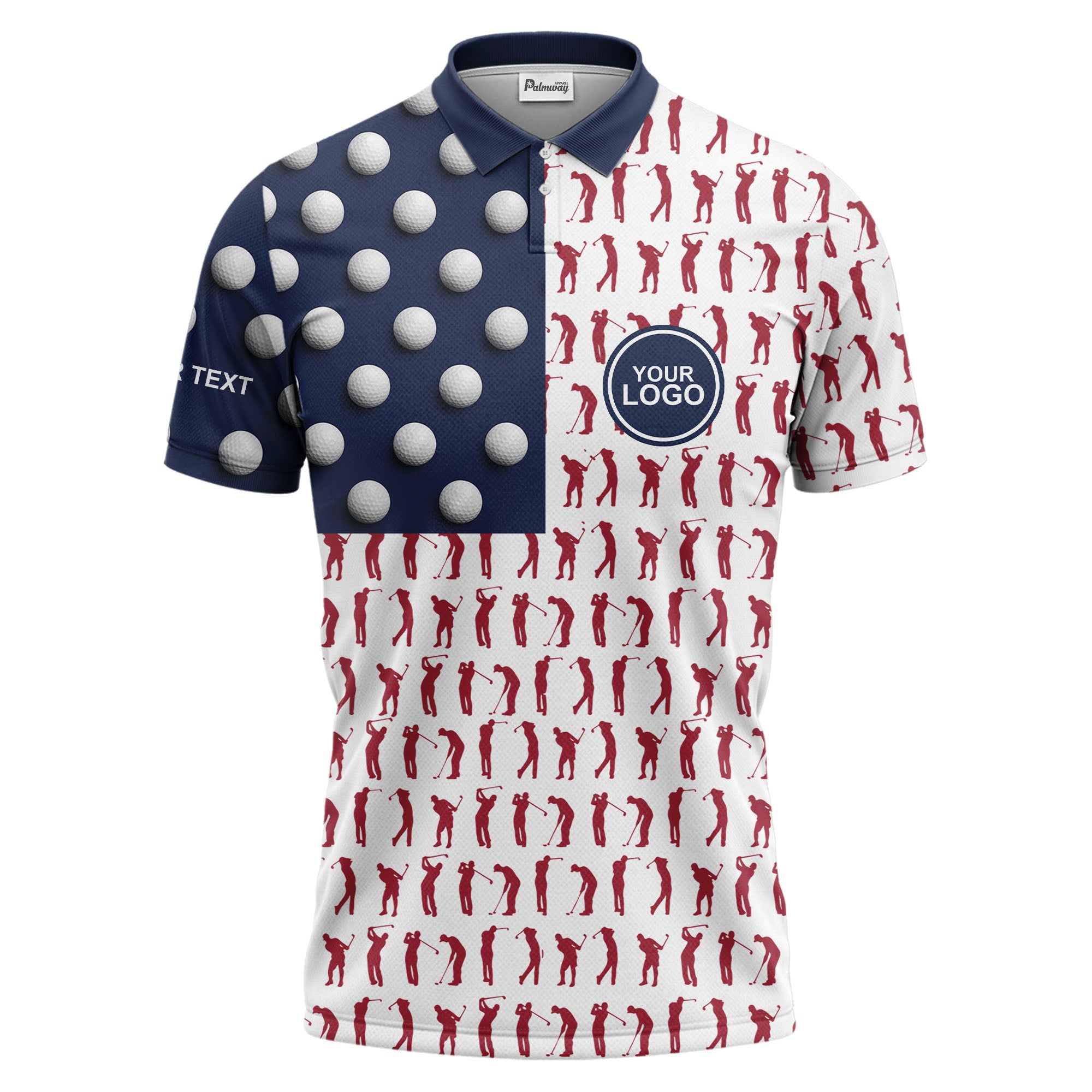 Illustrated Golf Balls and Swinging Golfers Repeating Pattern Polo Shirt