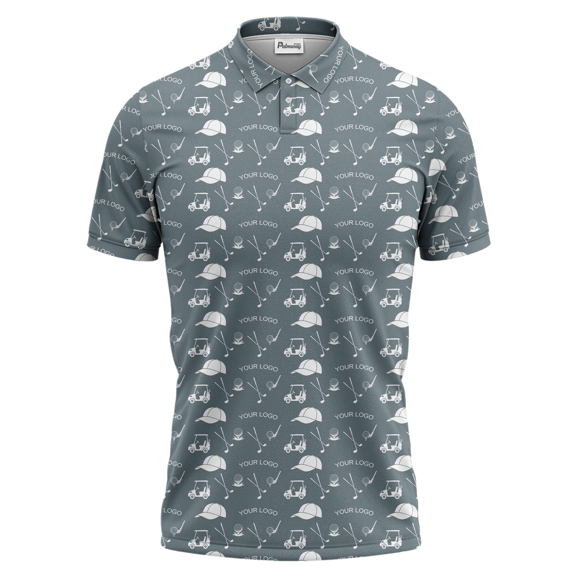 Illustrated Golf Carts Balls Clubs Repeating Polo Shirt For Sporty Fairway Style