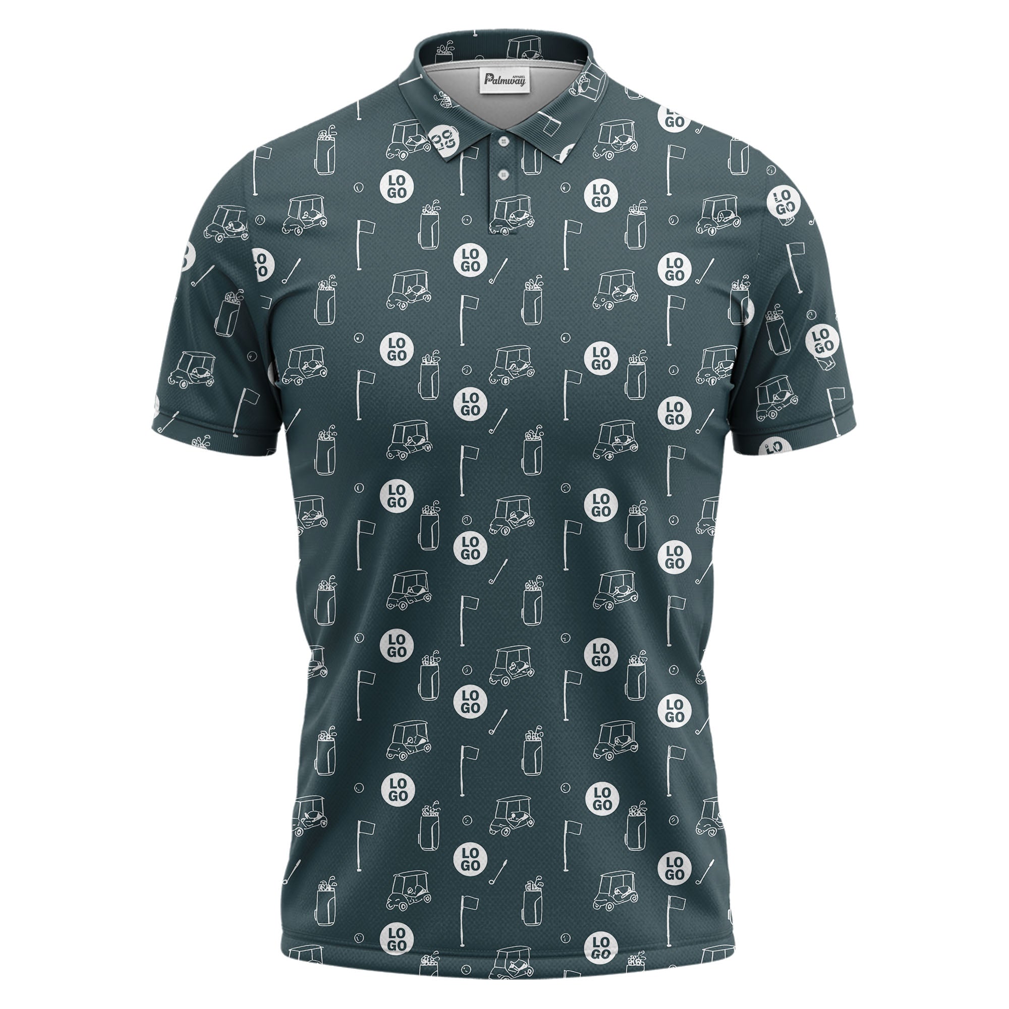 illustrated golf carts & clubs repeating on dark gray hawaiian polo shirt for men