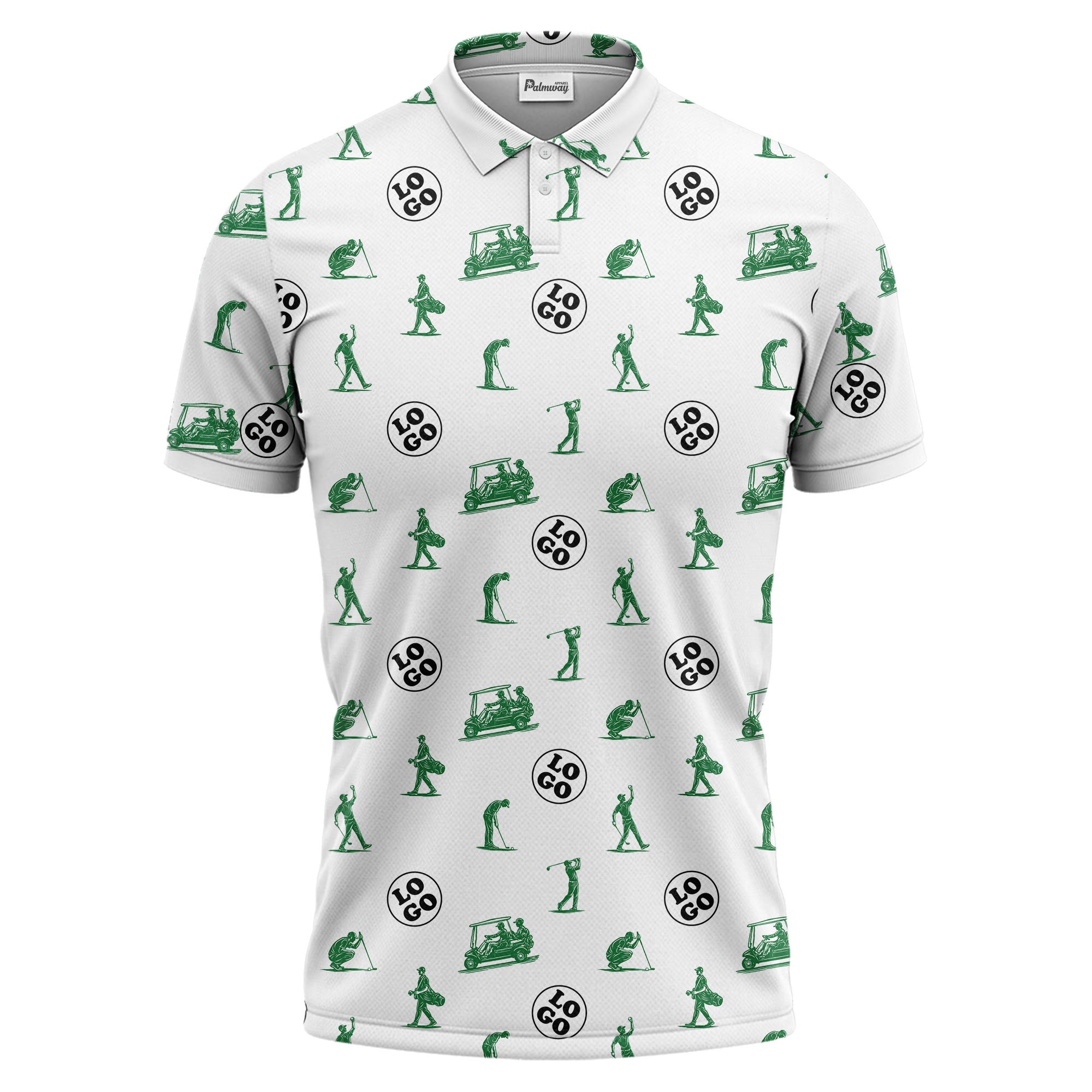 illustrated golfers golf carts repeating on green polo shirt for weekend fairway fun
