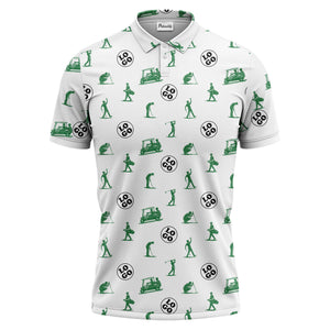 illustrated golfers golf carts repeating on green polo shirt for weekend fairway fun