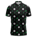 illustrated golfers golf carts repeating on green polo shirt for weekend fairway fun