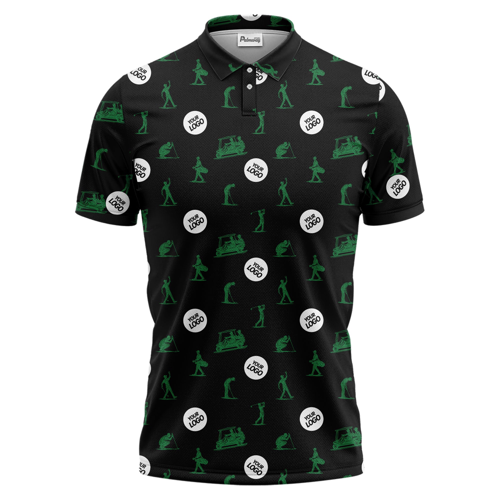 illustrated golfers golf carts repeating on green polo shirt for weekend fairway fun