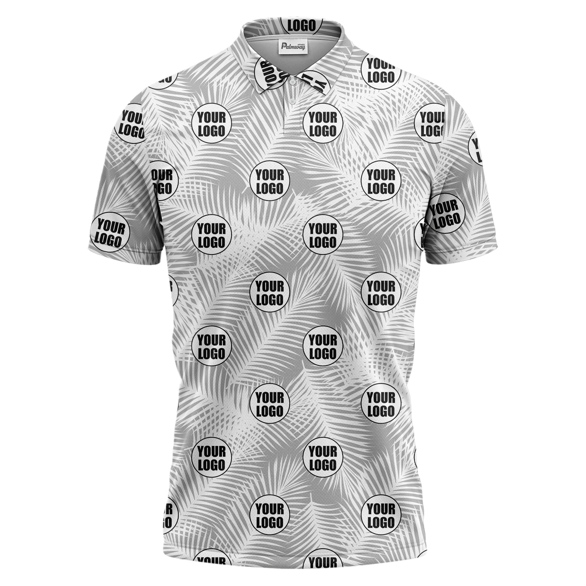 illustrated palm leaf logo repeating tropical polo shirt for men
