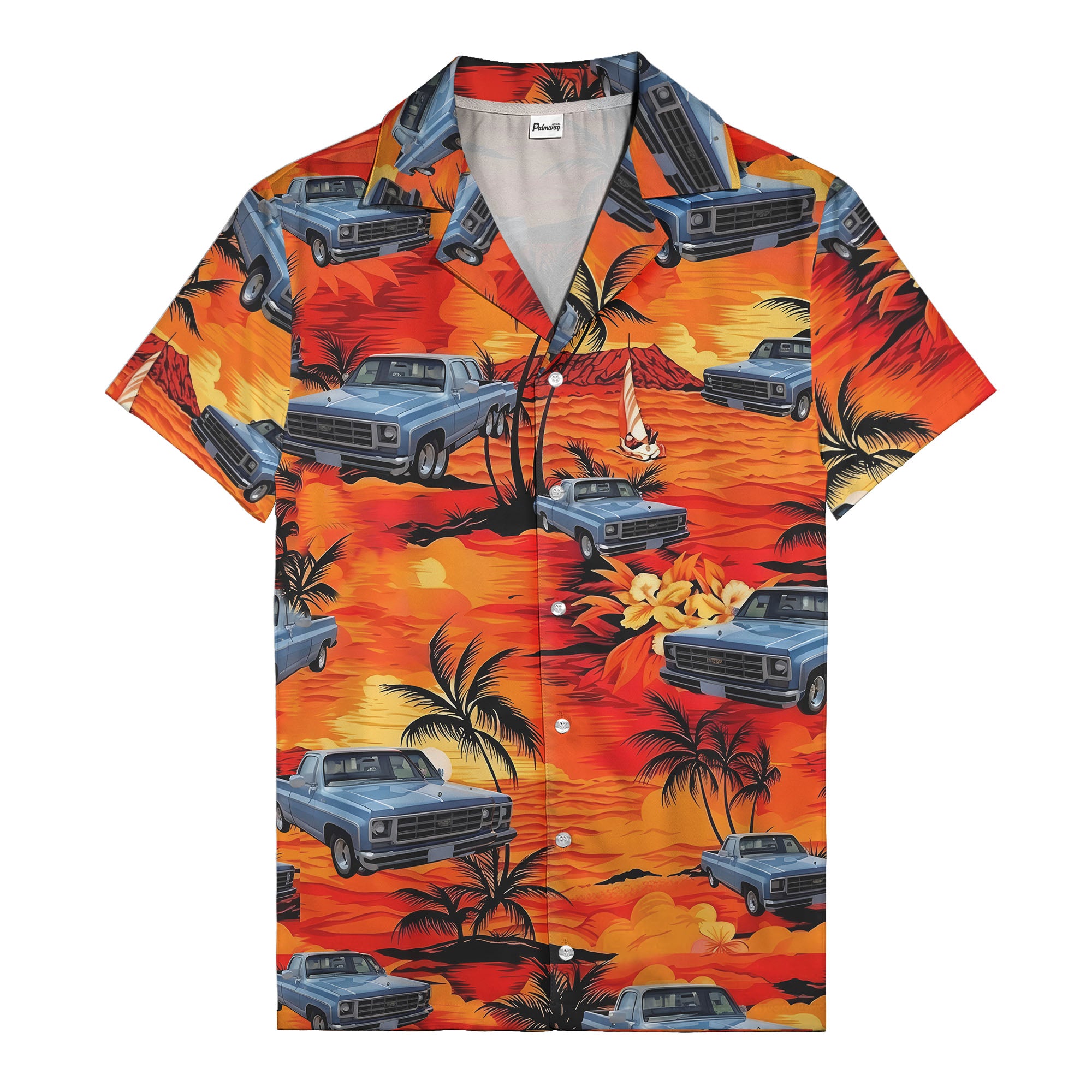 illustrated pickup trucks cruising palms tropical hawaiian shirt for men