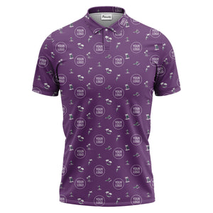 illustrated purple tropical island palm trees surfboards polo shirt for men