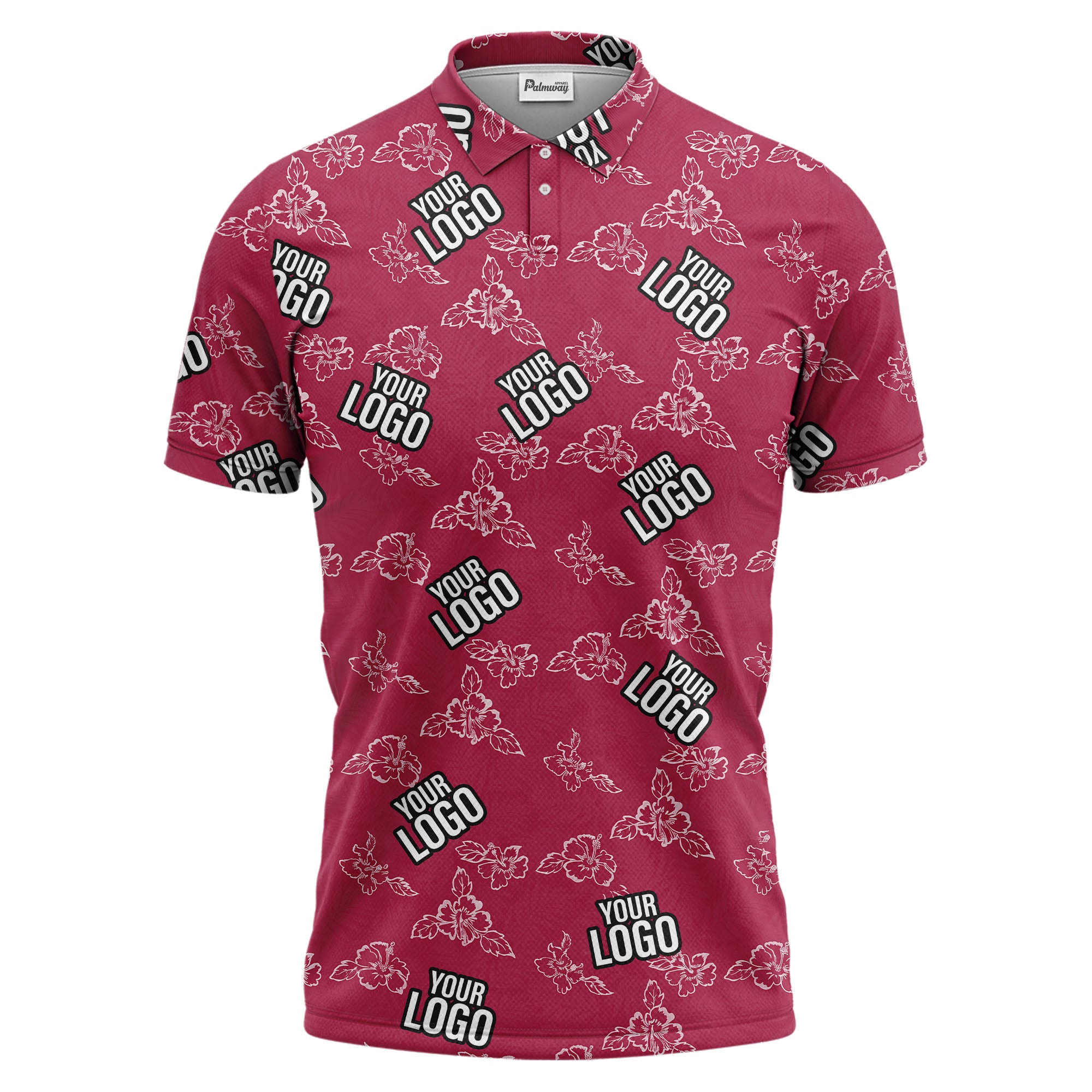 Illustrated Red Tropical Floral Leaf Polo Shirt Bursting With Vacation Vibes