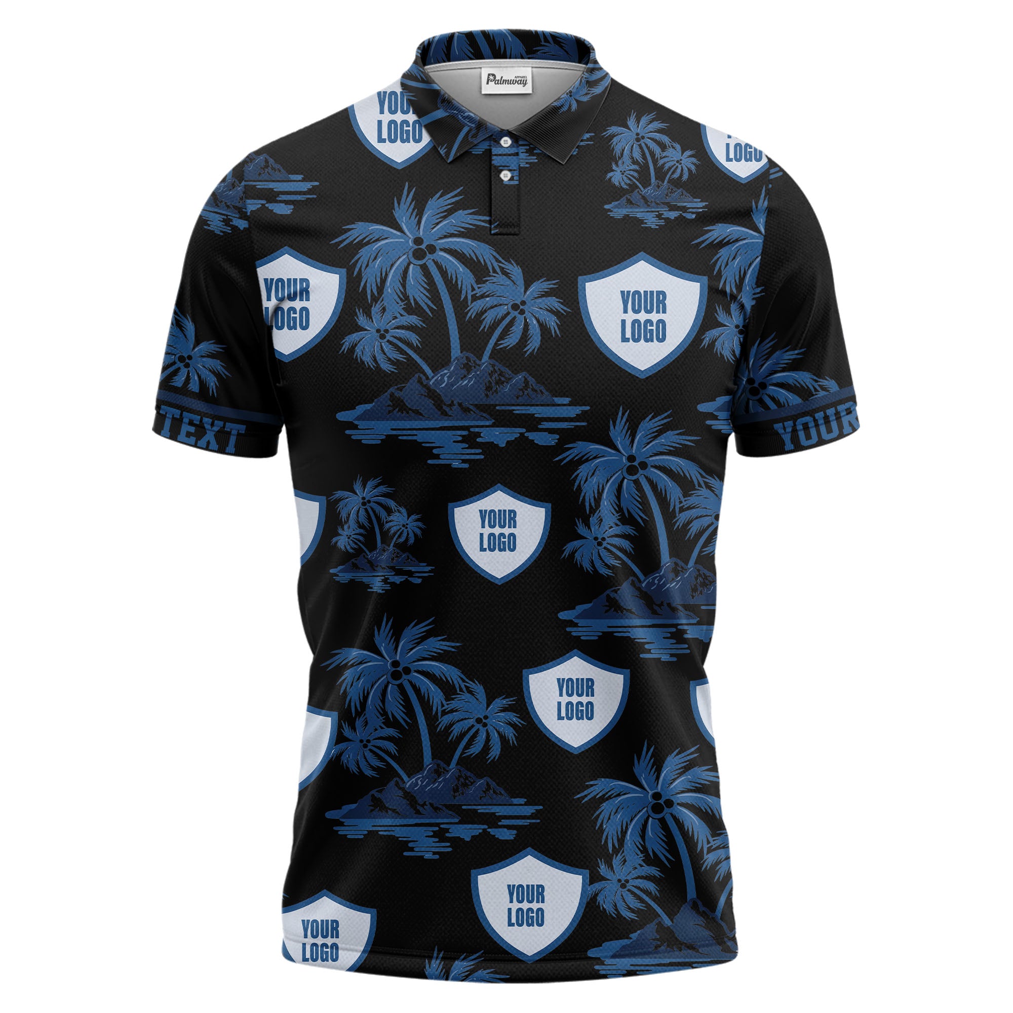 island oasis palm trees & shield logos navy blue tropical polo shirt