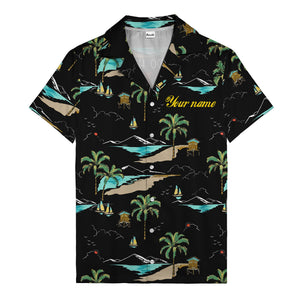 island paradise palm trees & sailboats sunset hawaiian shirt