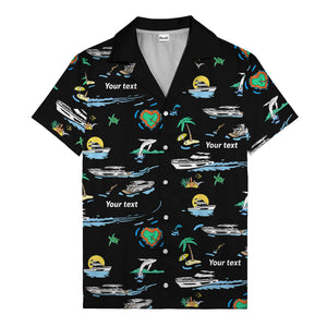 luxury yacht & heart-shaped island cartoon hawaiian shirt