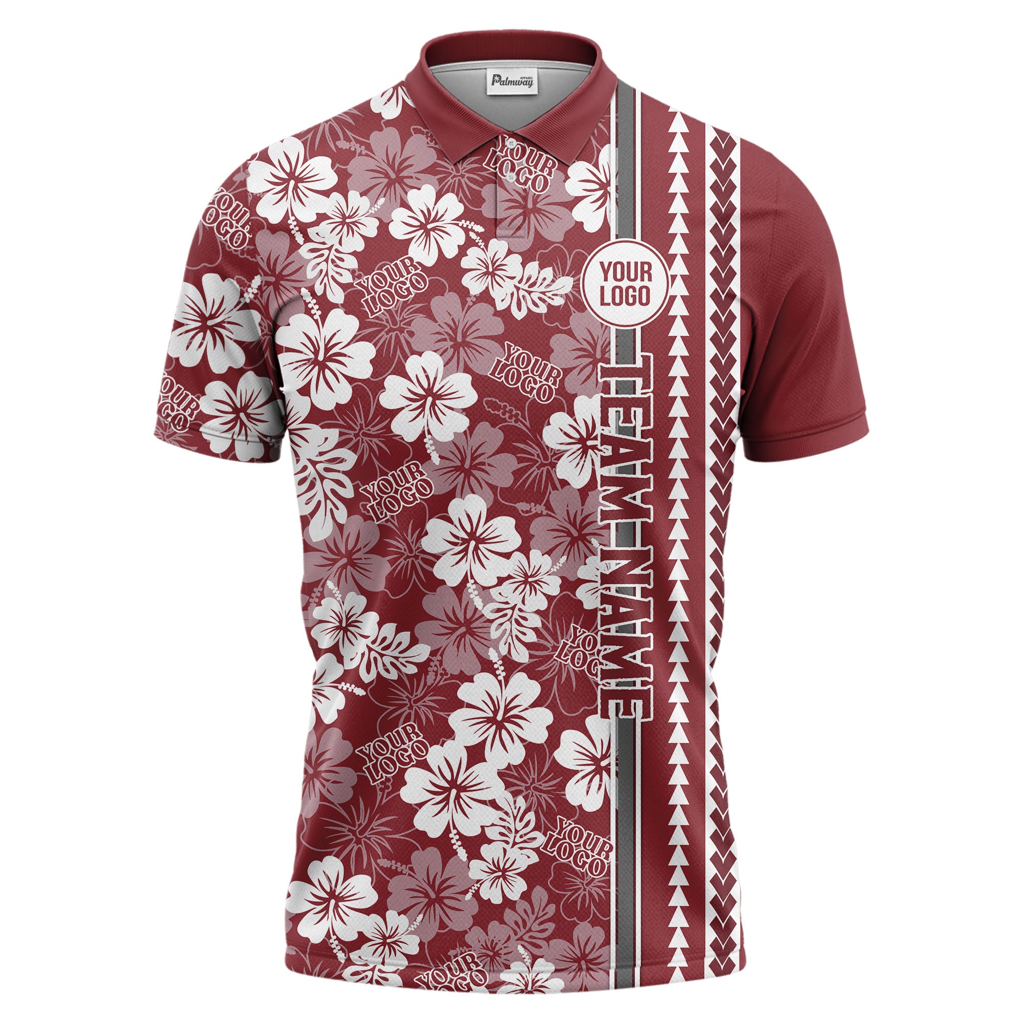 maroon tropical hibiscus geometric leaves custom printed golf polo shirt