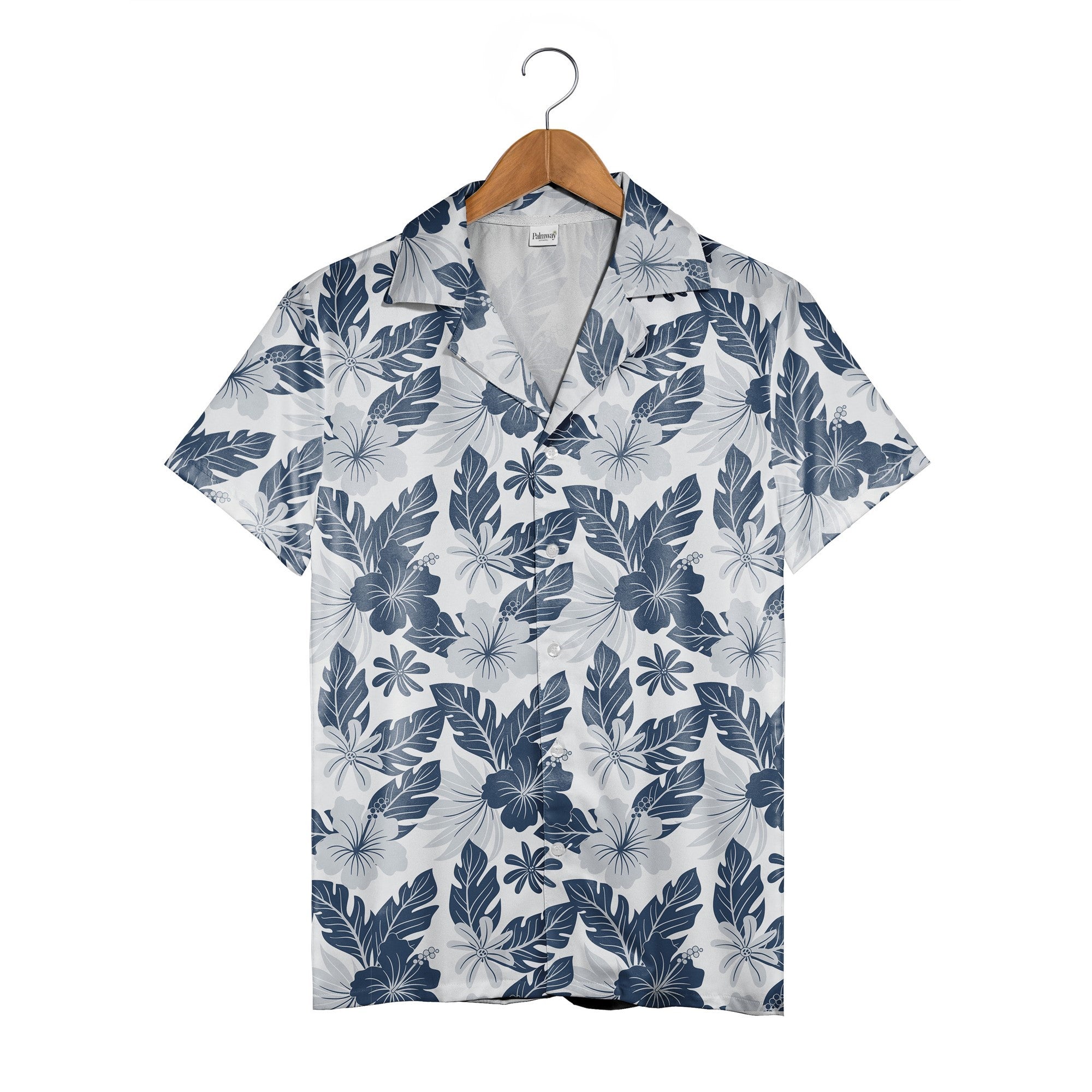 Midnight Garden Hawaiian Shirt with Indigo Hibiscus on Crisp White