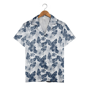 Midnight Garden Hawaiian Shirt with Indigo Hibiscus on Crisp White