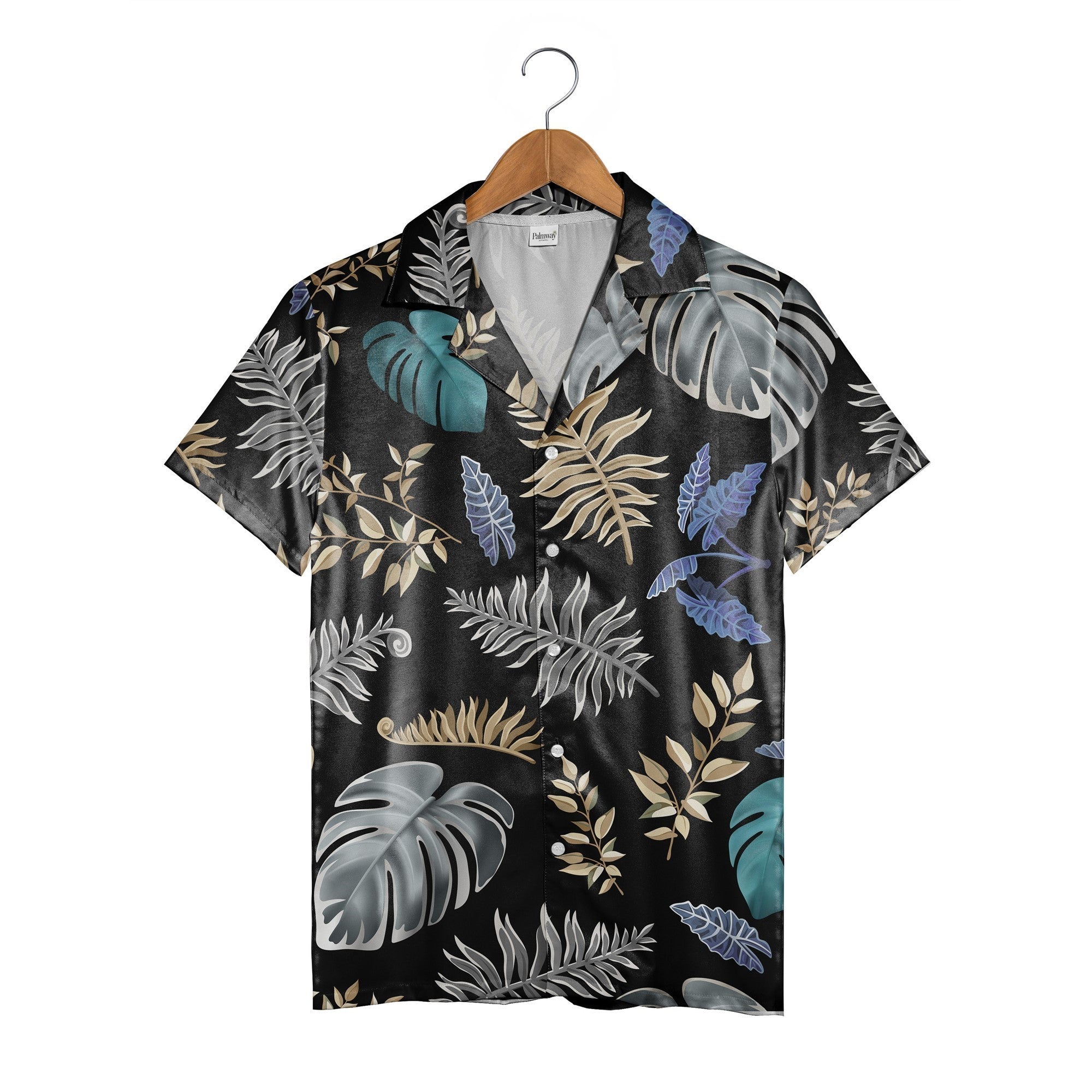 Midnight Jungle Black Hawaiian Shirt with Teal Monstera and Gold Accents