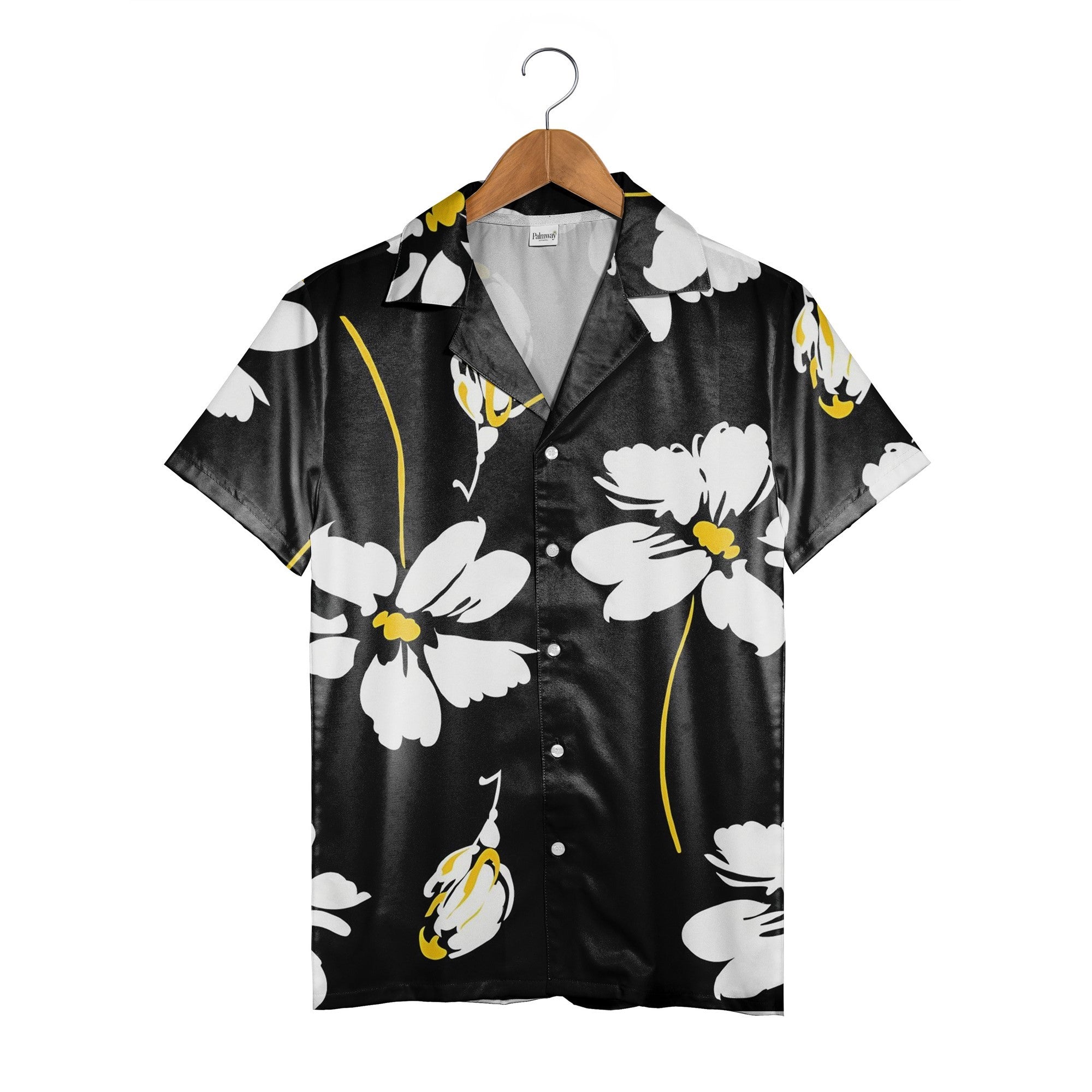 Modern Graphic Floral Hawaiian Shirt in Black White and Yellow