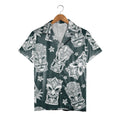 Monochrome Engraving Style Tiki Hawaiian Shirt on Dark Teal