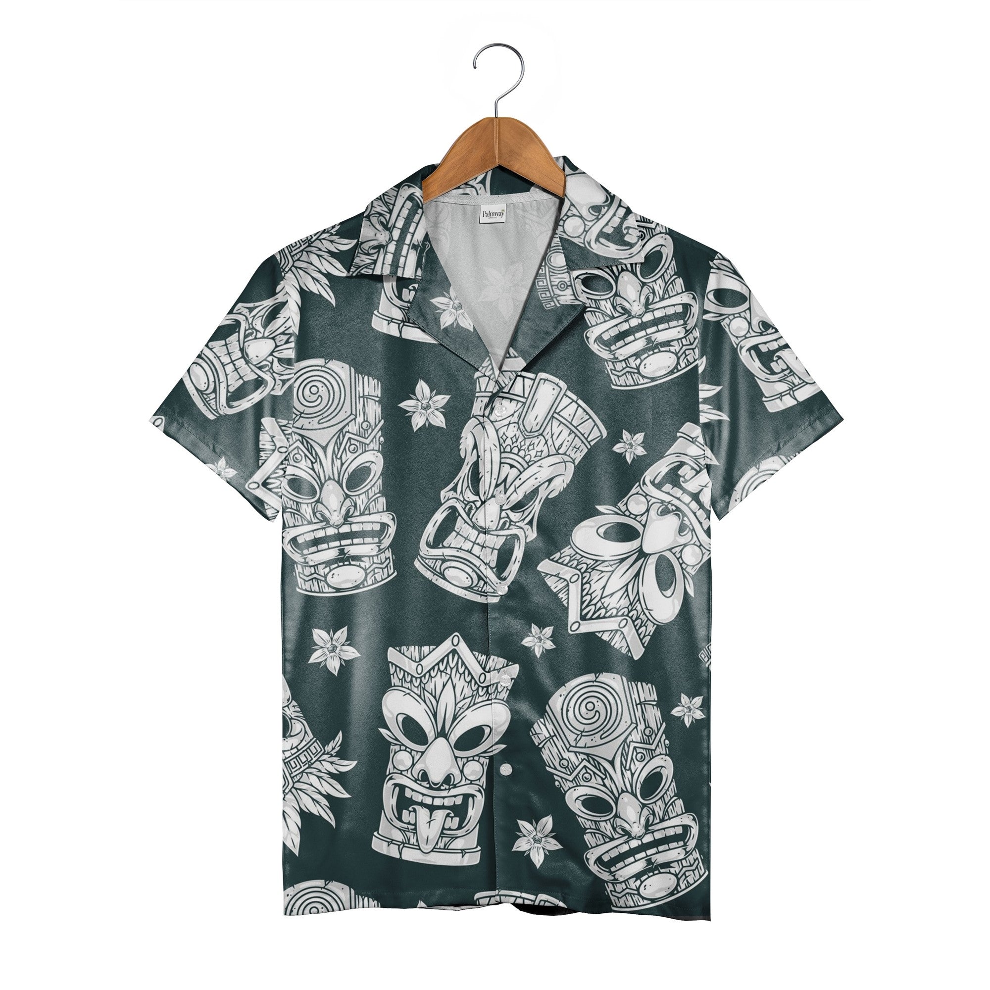 Monochrome Engraving Style Tiki Hawaiian Shirt on Dark Teal