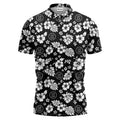 monochrome hawaiian hibiscus flowers & leaves repeat pattern polo shirt