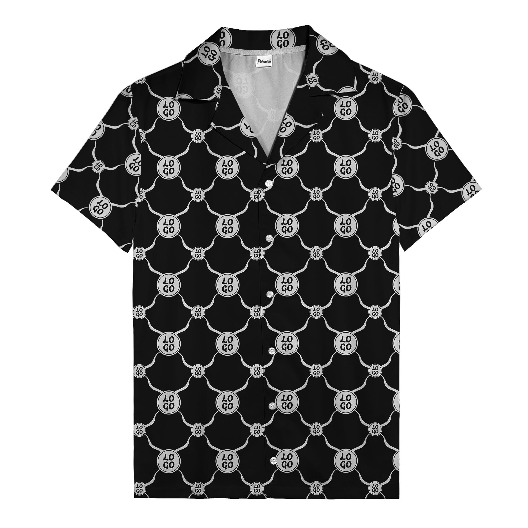 monochrome interlocking circles & logo repeat pattern hawaiian shirt for men